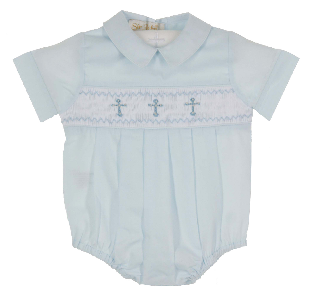 Rosalina blue smocked romper with cross embroidery,blue smocked romper