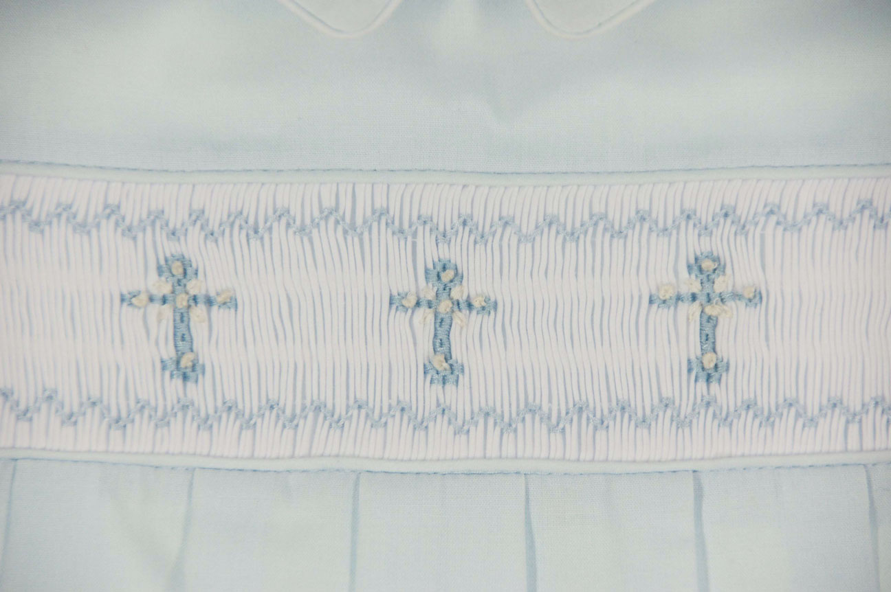 Rosalina blue smocked romper with cross embroidery,blue smocked romper