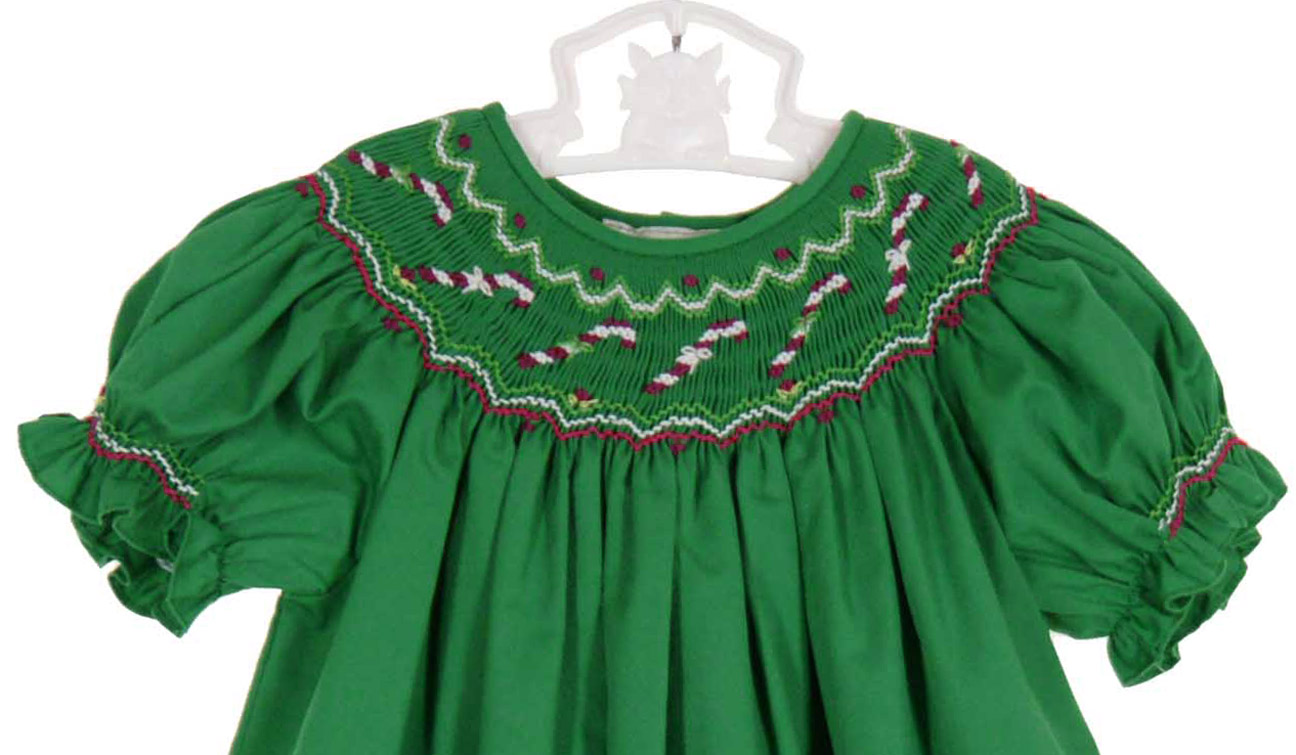 Petit Bebe Girls Green Gingham Smocked Candy Canes Dress with Collar