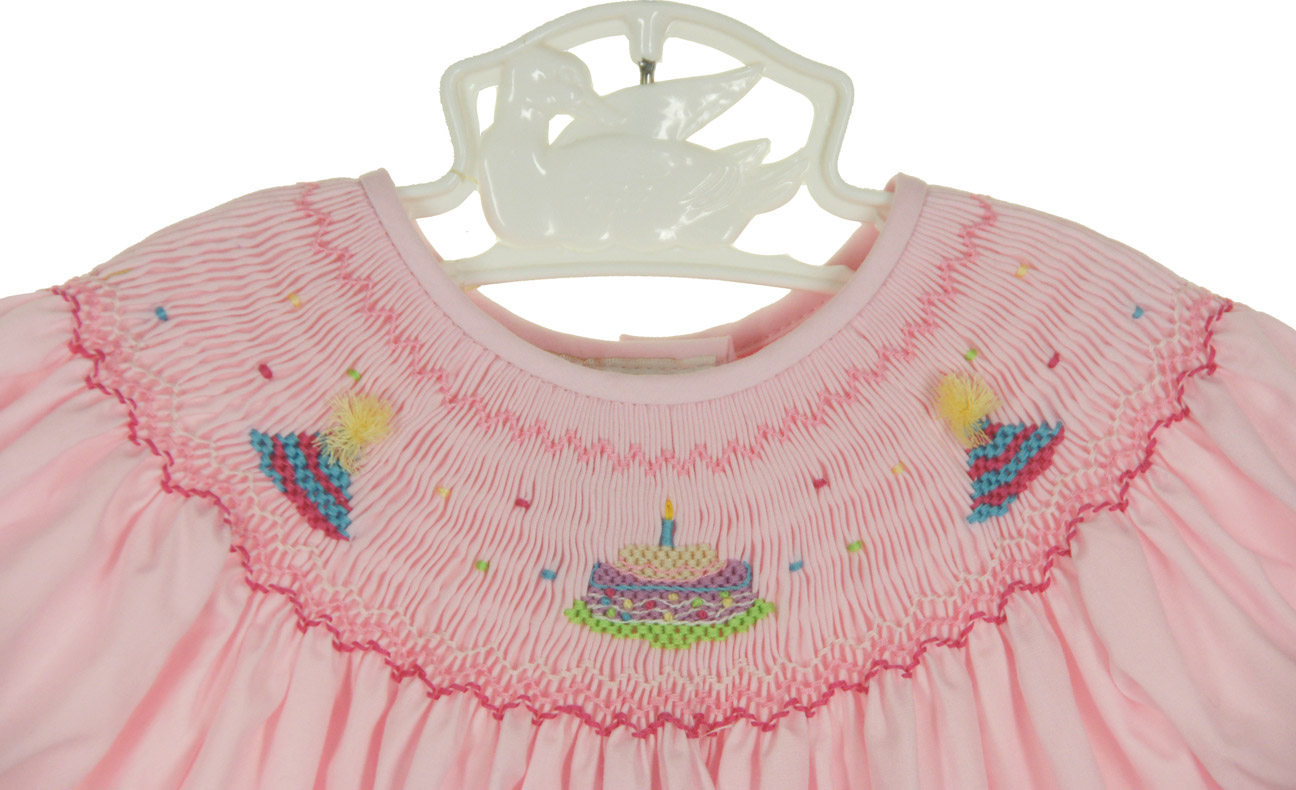 Rosalina pink smocked dress with birthday cake embroidery,dress,Rosalina pink smocked