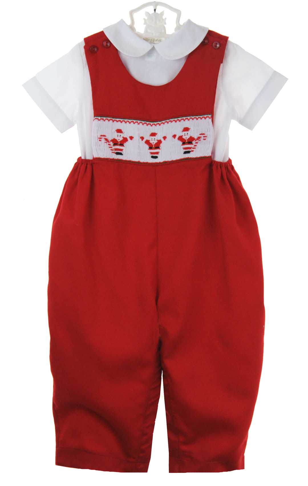 Petit Bebe Boys Red Corduroy Smocked Santa Faces Longall