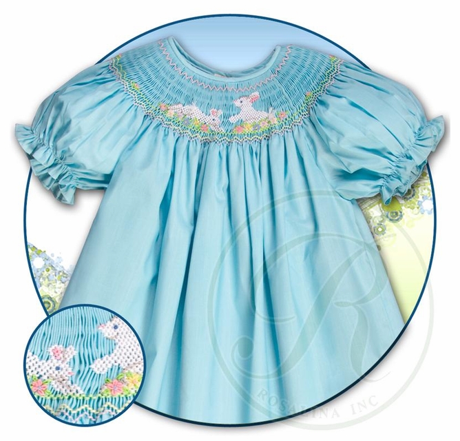 NEW Rosalina Robins Egg Blue Bishop Smocked Dress with Bunny Embroidery