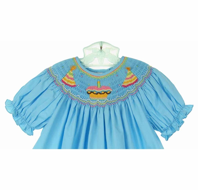 NEW Rosalina Turquoise Bishop Smocked Birthday Dress with Embroidered  Birthday Cake