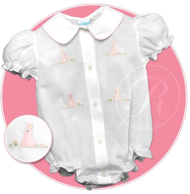 Rosalina white baby bubble with pink embroidered bunnies,white baby girls bubble with pink