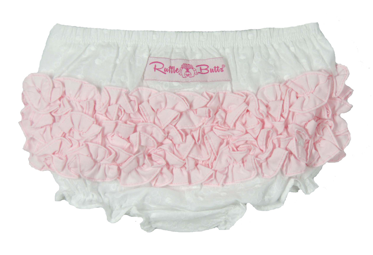 Ruffle Butts white dotted swiss diaper cover, pink and white ruffled