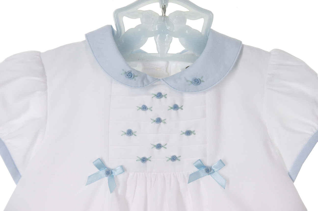 Sarah Louise White Dress with Blue Feather Stitch Embroidery