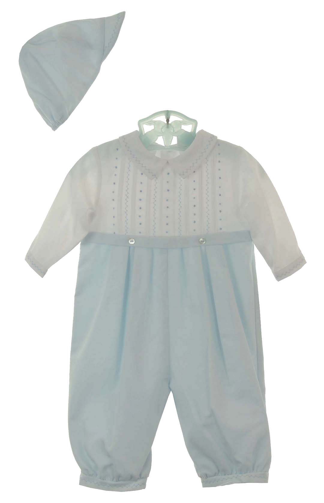 Sarah Louise blue and white romper and hat set,baby boys blue and white