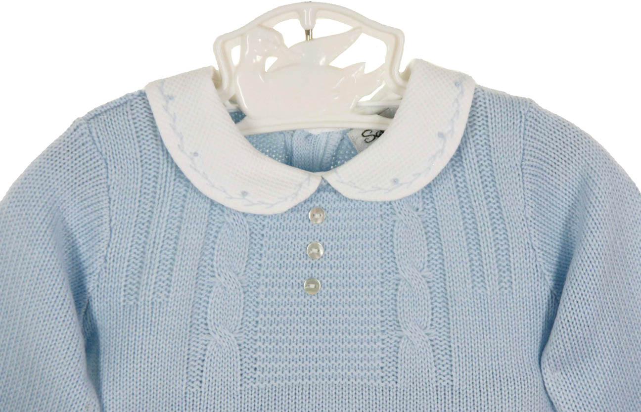Sarah Louise blue knit sweater set with embroidered collar,blue knit