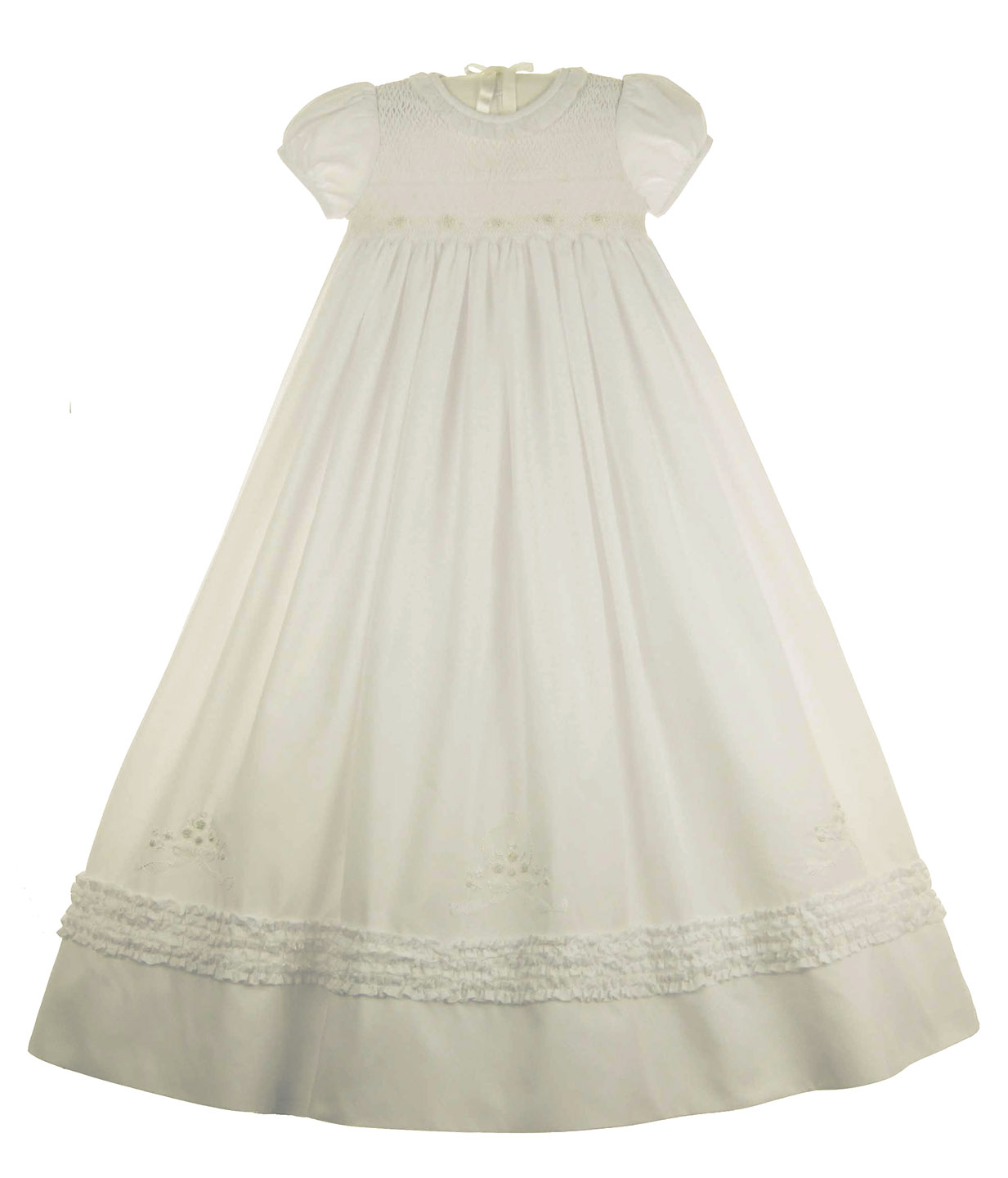 Sarah Louise ivory batiste smocked christening gown with ruffles and