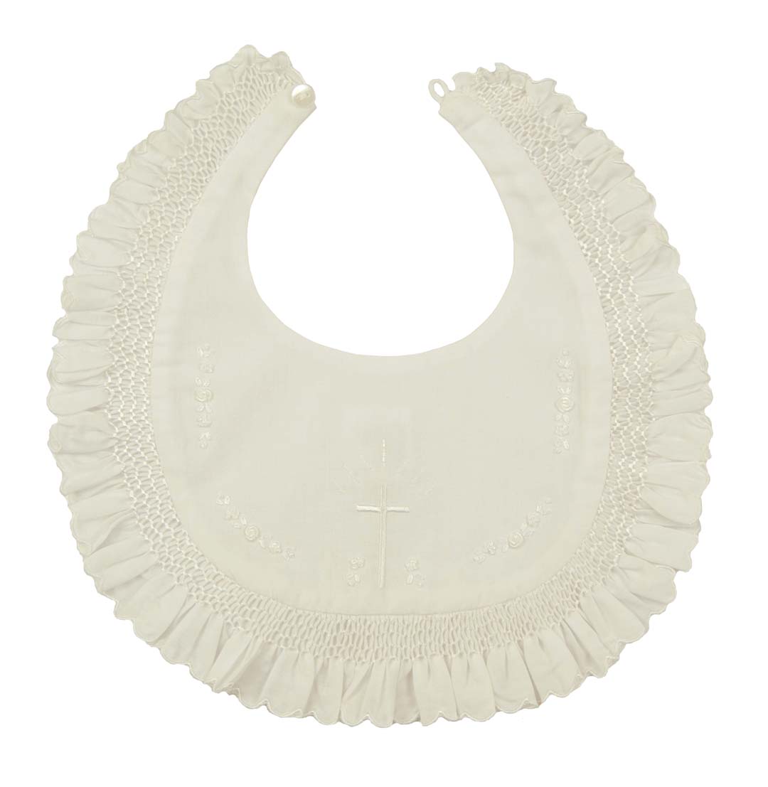 NEW Sarah Louise Ivory Smocked Christening Bib with Embroidered Cross