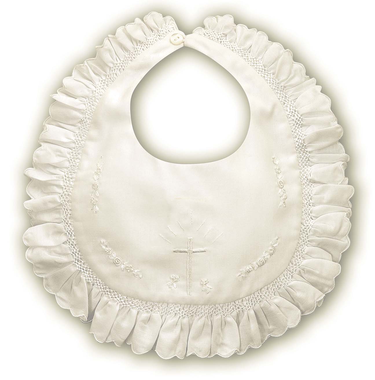 NEW Sarah Louise Ivory Smocked Christening Bib with Embroidered Cross