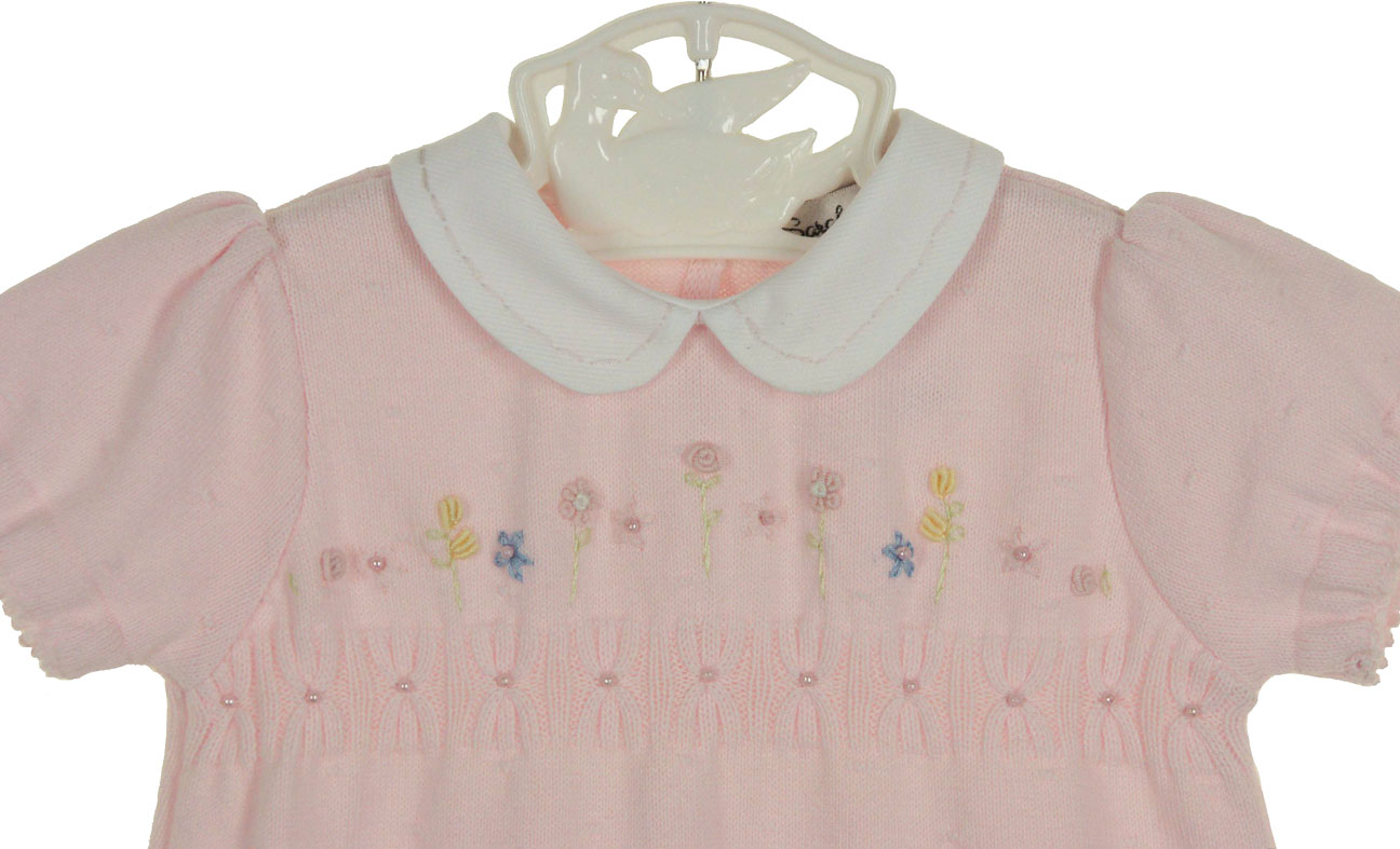 NEW Sarah Louise Pink Cotton Knit Bubble with Embroidered Flowers and