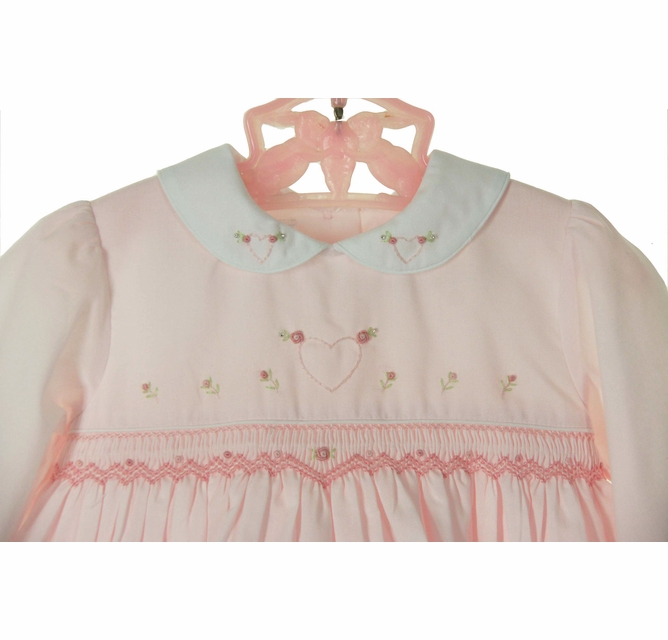 Sarah Louise pink smocked dress with heart and rosebud embroidery 