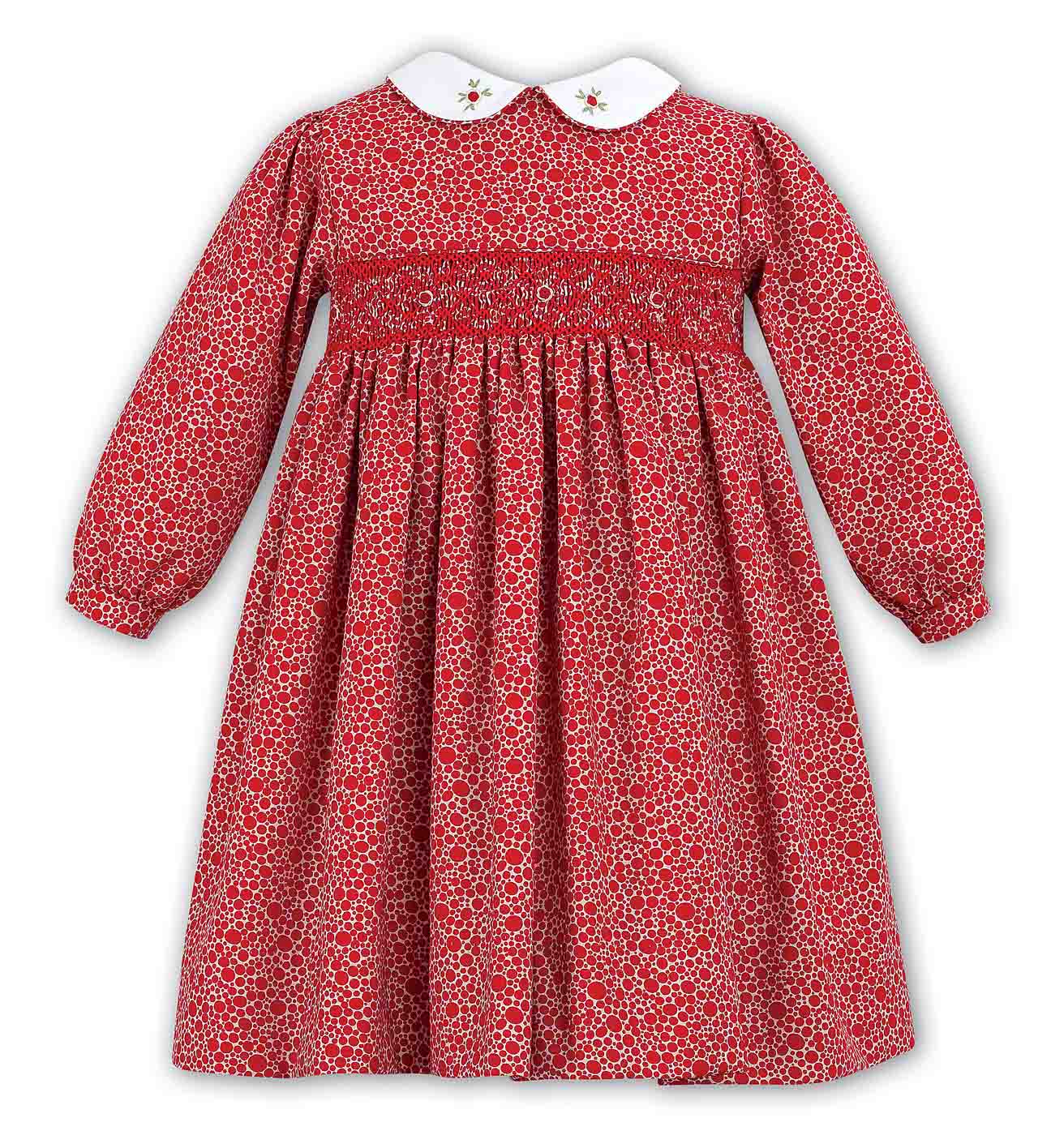 Sarah Louise red dotted twill smocked dress,red smocked baby dress,red