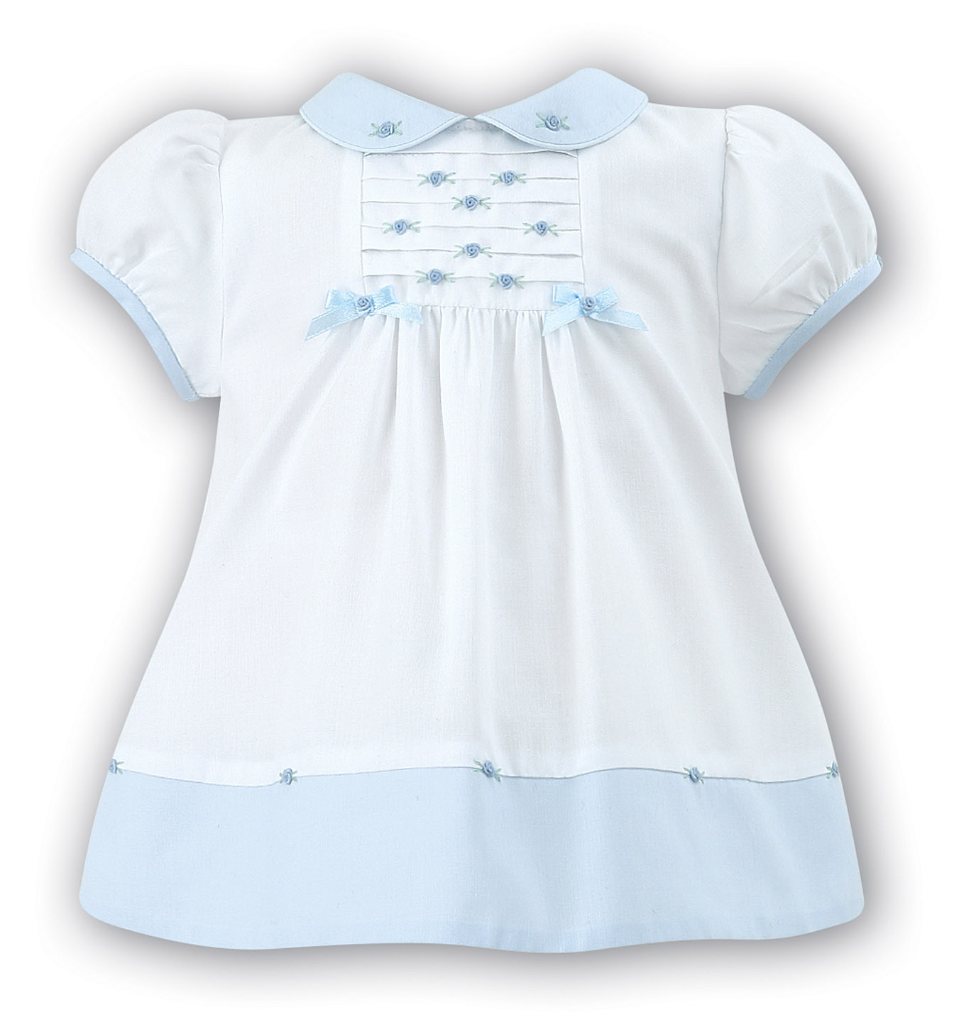 Auraluz White Dress with Blue Rosebud Embroidery and Blue Trim