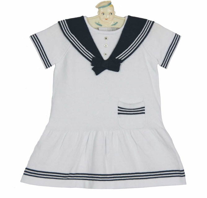NEW Sarah Louise White Cotton Knit Sailor Dress with Navy Trim