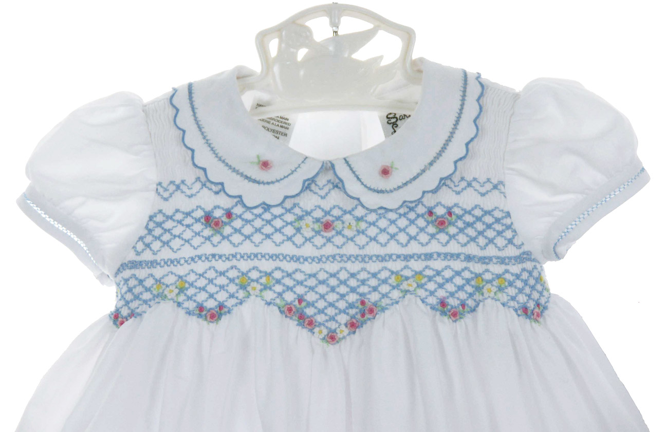 Sarah Louise blue and white smocked dress with embroidered flowers,blue and white smocked dress