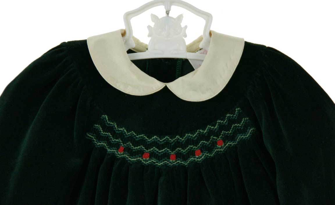 Sophie Dess green velvet smocked dress with ivory silk collar,green