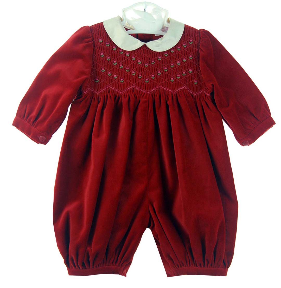 Sophie Dess red velvet smocked bubble,red velvet smocked baby bubble