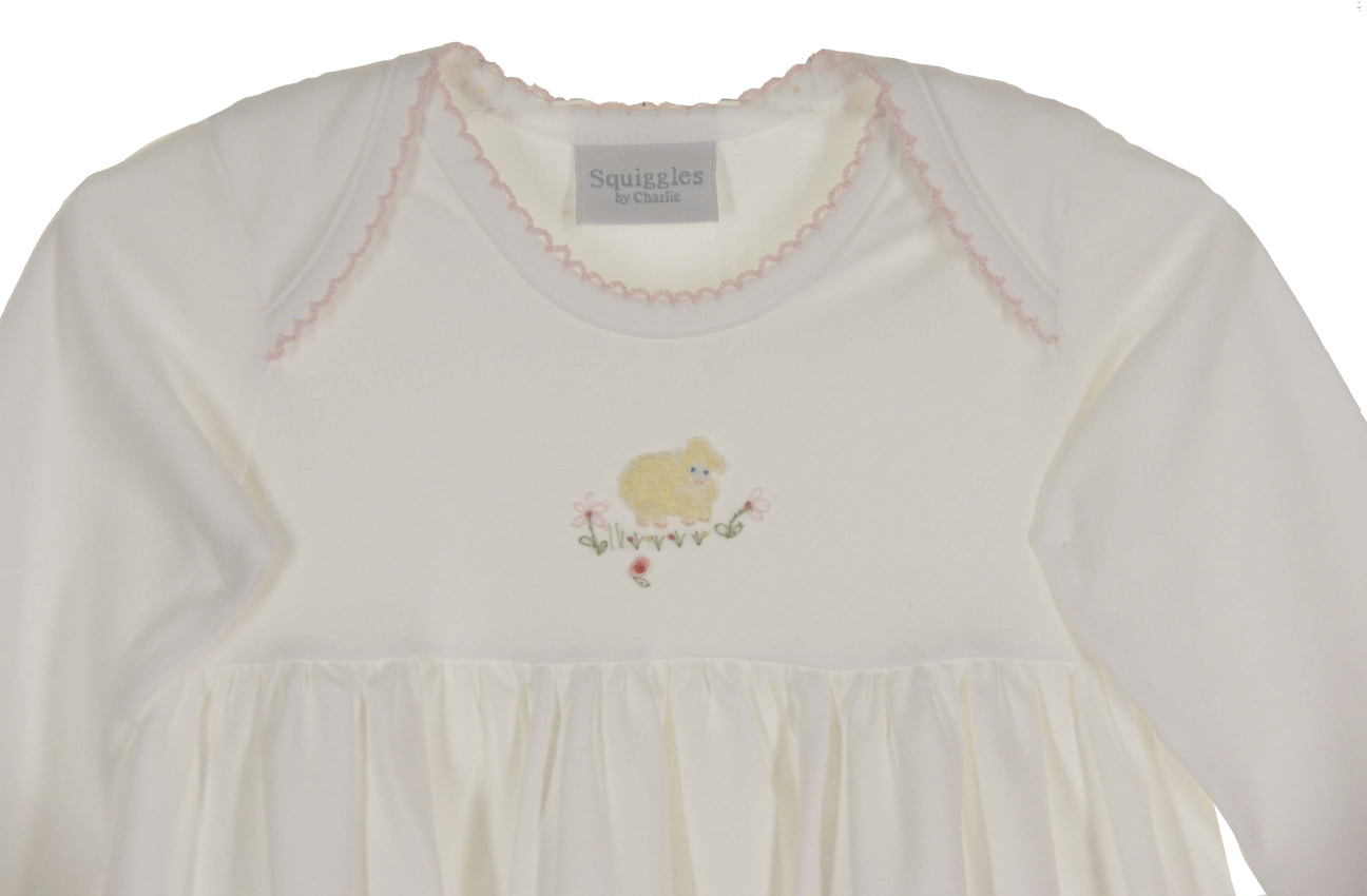 Squiggles by Charlie white pima cotton knit gown with embroidered lamb,baby girls white cotton
