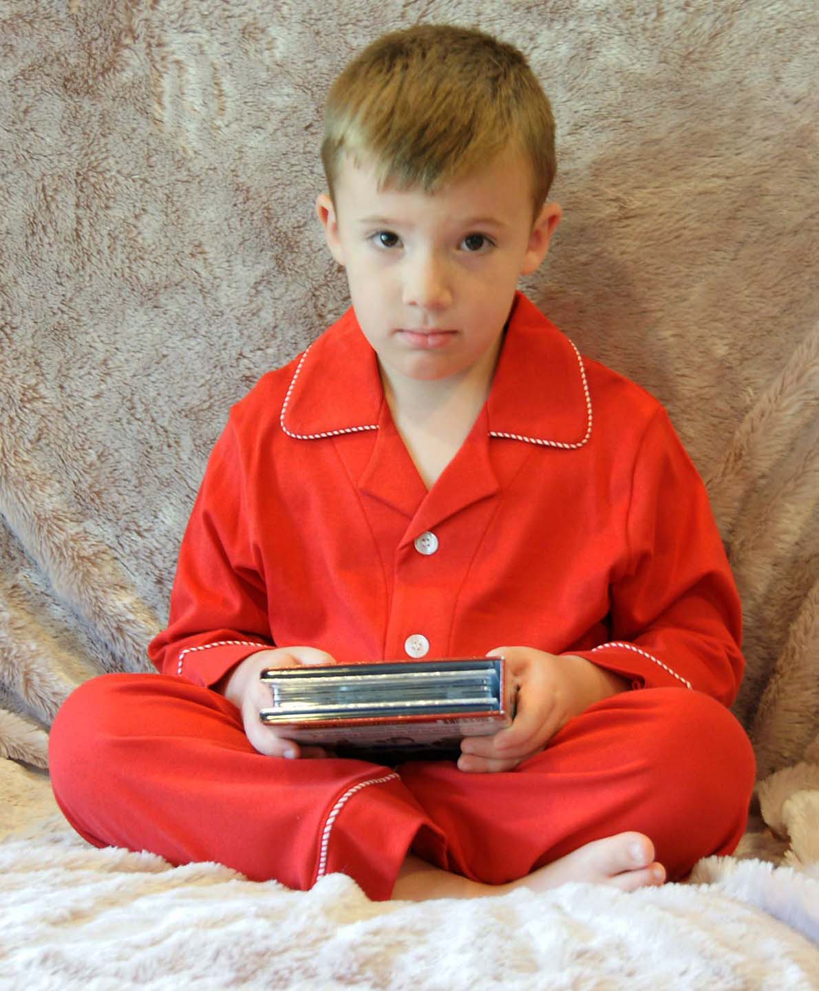 Squiggles monogrammable red pima cotton knit pajamas with candy striped