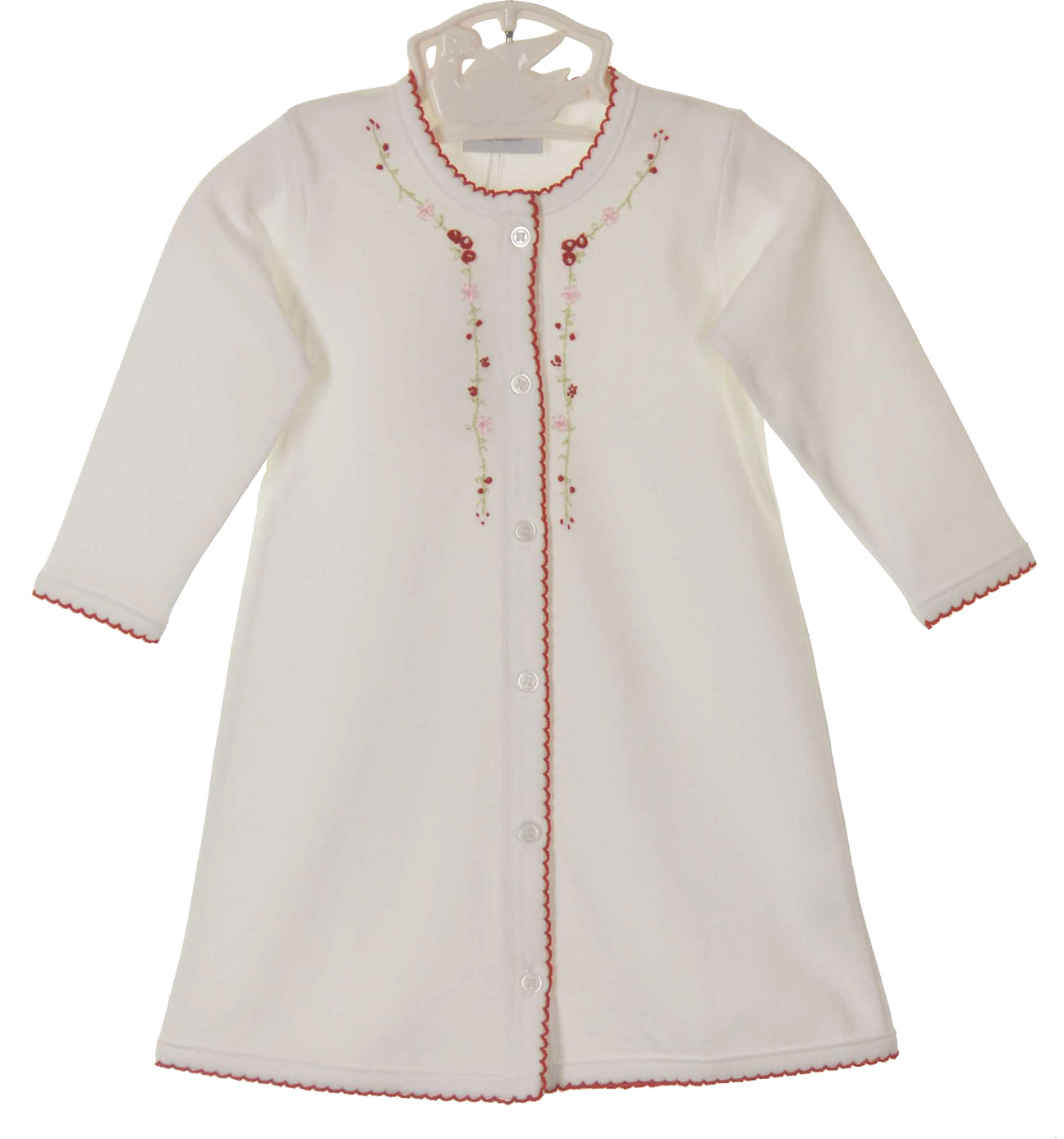 white pima cotton knit baby gown with red embroidered flowers,baby ...