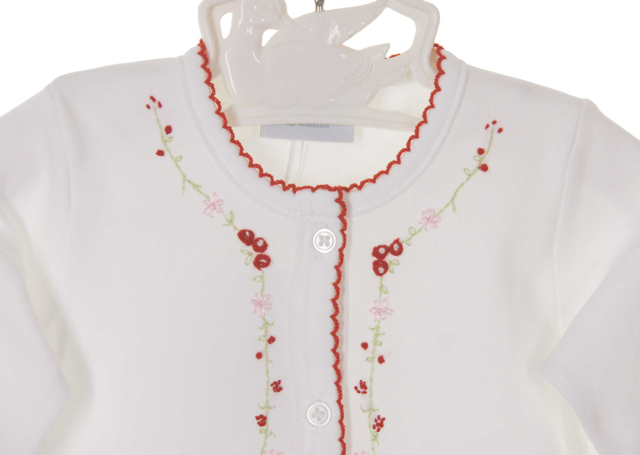 white pima cotton knit baby gown with red embroidered flowers,baby