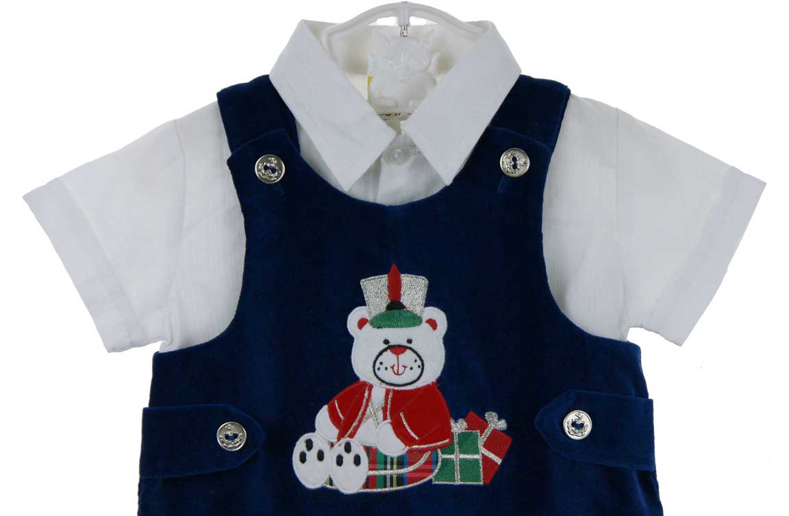blue velvet romper set with appliqued bear,blue velvet romper set with holiday embroidery