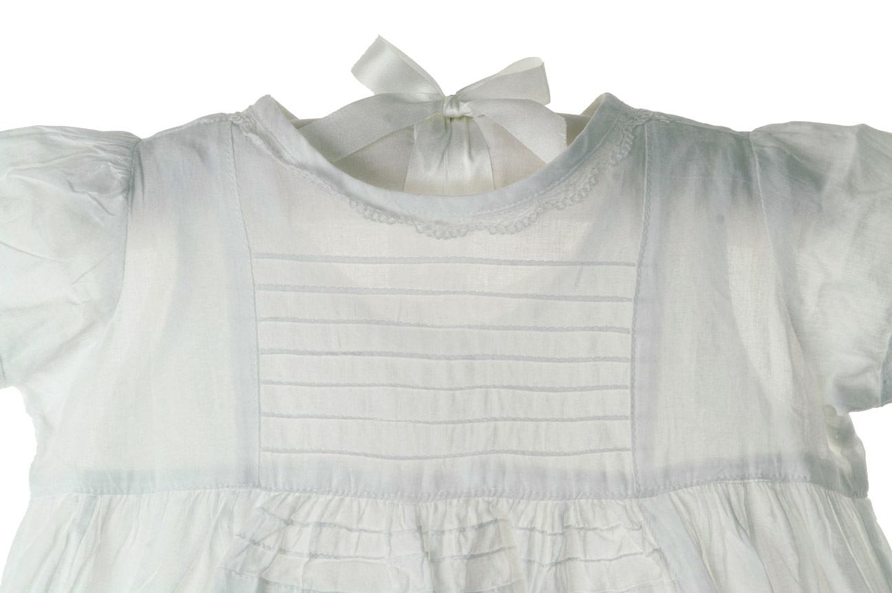 vintage style white cotton christening gown with pin tucks and