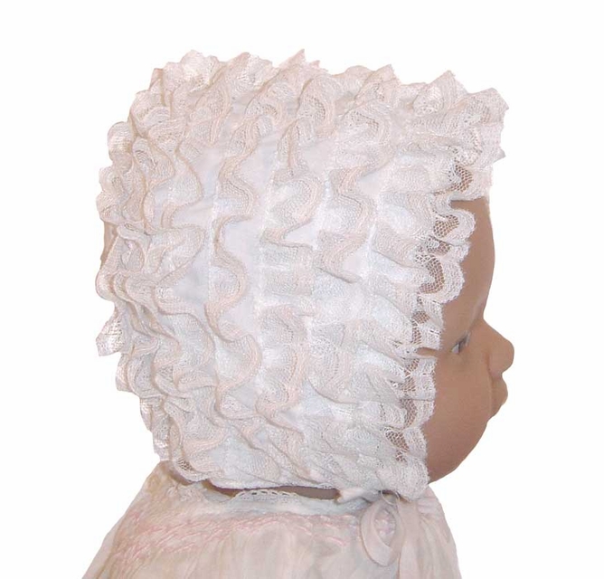 NEW White Baby Bonnet with Lacy Ruffles and Pink Bows