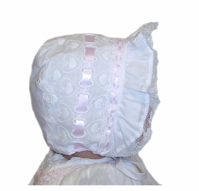 NEW White Bonnet with Hearts and Pink Ribbon Insertion