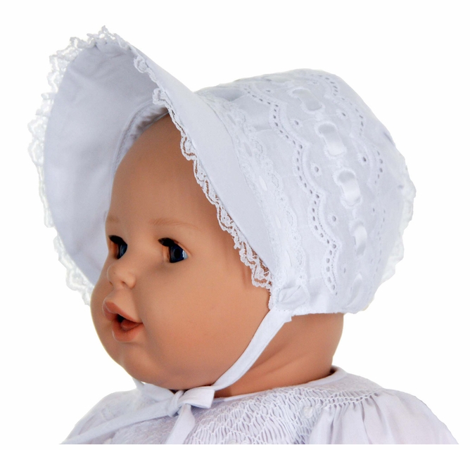 NEW White Bonnet with lace Trimmed Brim, Open Crown and White