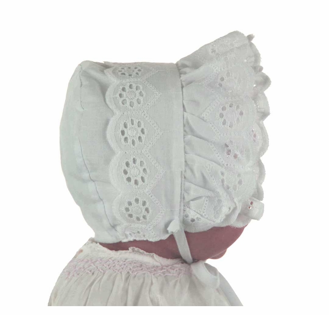 NEW White Bonnet with Scalloped Eyelet and White Bow Trimmed  display picture 1