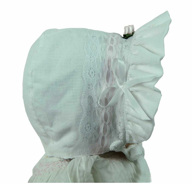 NEW White Corduroy Bonnet with Lace and Rosebud Trim