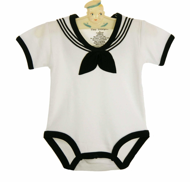 white cotton knit sailor romper with black trim,white cotton