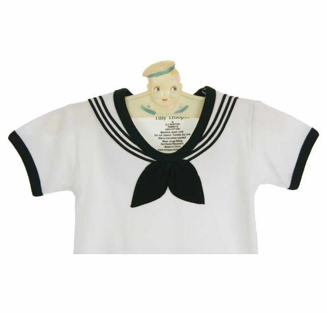 white cotton knit sailor romper with black trim,white cotton