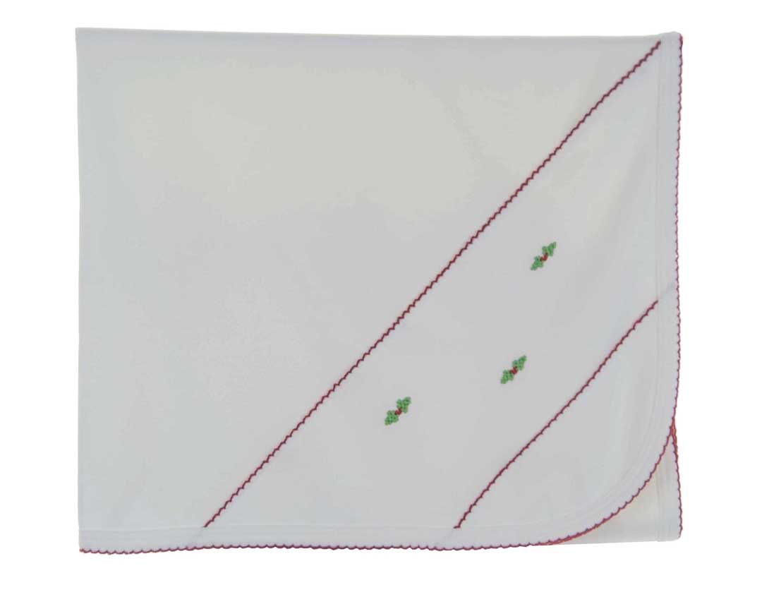 white pima cotton knit Christmas blanket with holly embroidery,white