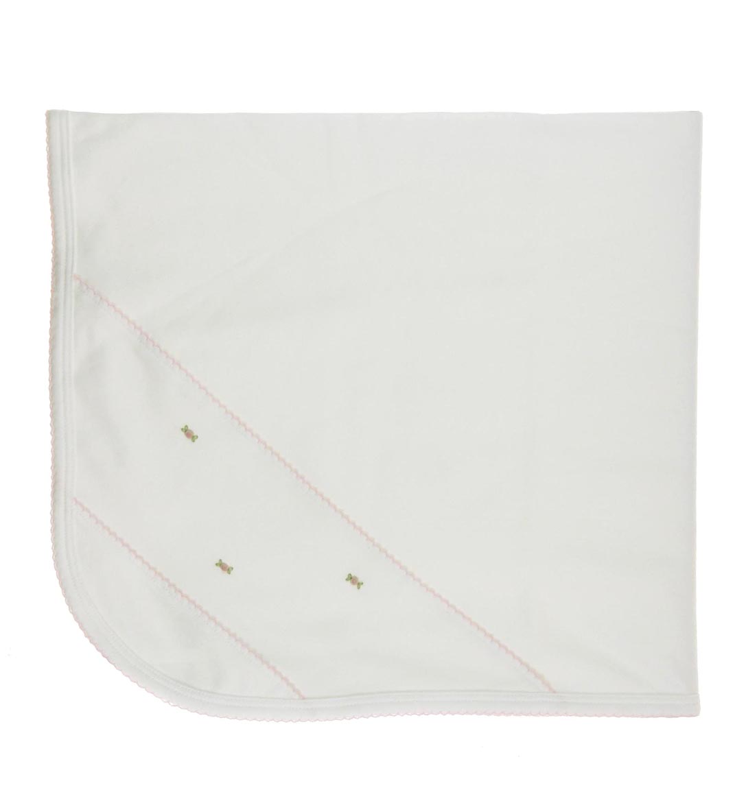 white pima cotton knit blanket with rosebud embroidery,white pima cotton receiving blanket,pima