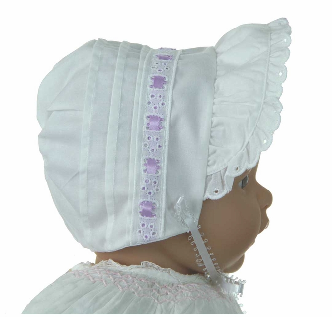 NEW White Pintucked Bonnet with Eyelet Trim and Lavender Satin Ribbon