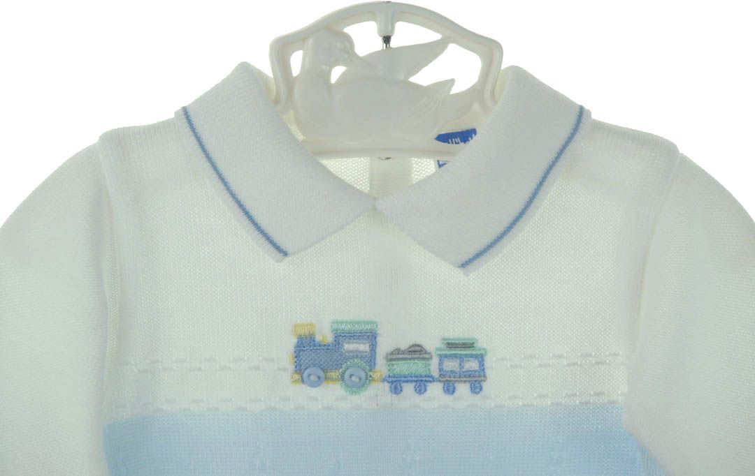 Will'Beth cotton knit train romper,blue and white cotton knit train