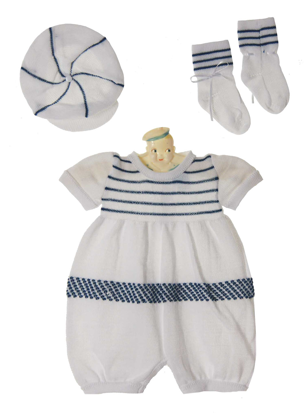 Will'Beth navy and white knit romper set,baby boys navy and white