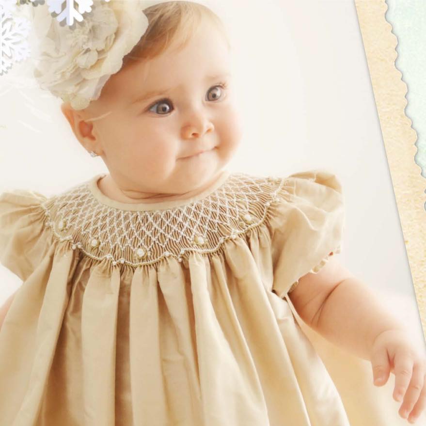 Will'Beth pale gold silk smocked baby dress,Will'Beth beige silk