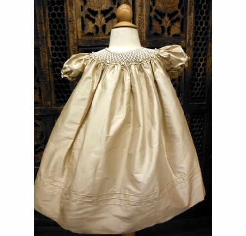 Will'Beth pale gold silk bishop smocked baby dress,Will'Beth beige silk  bishop smocked dress,bishop smocked gold silk dress for baby girls,special  occasion gold silk smocked baby dress,gold silk smocked Christmas dress,matching  brother sister