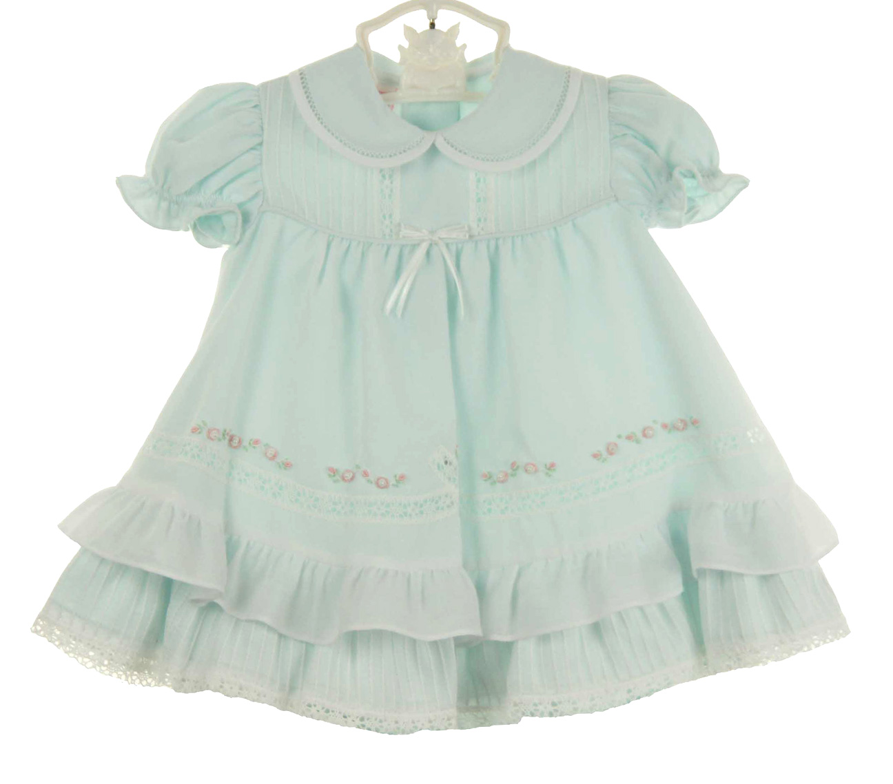 Will'Beth pale green baby girls dress with lace and seed pearls,pale