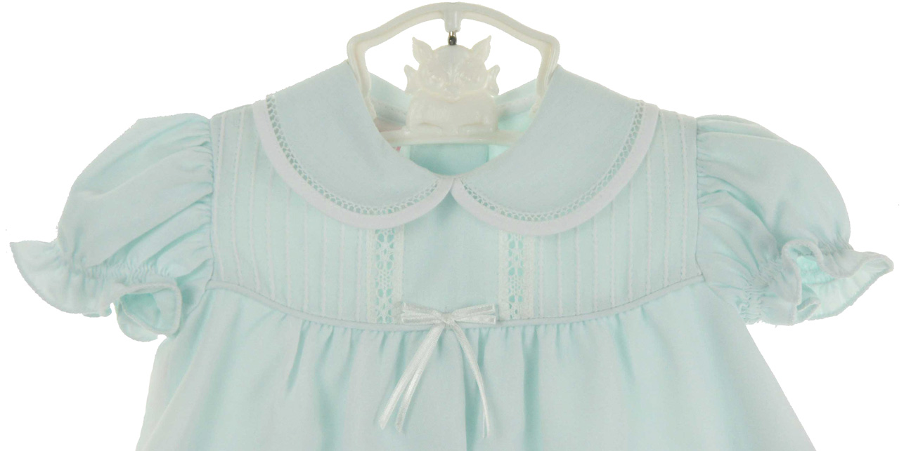Will'Beth pale green baby girls dress with lace and seed pearls,pale