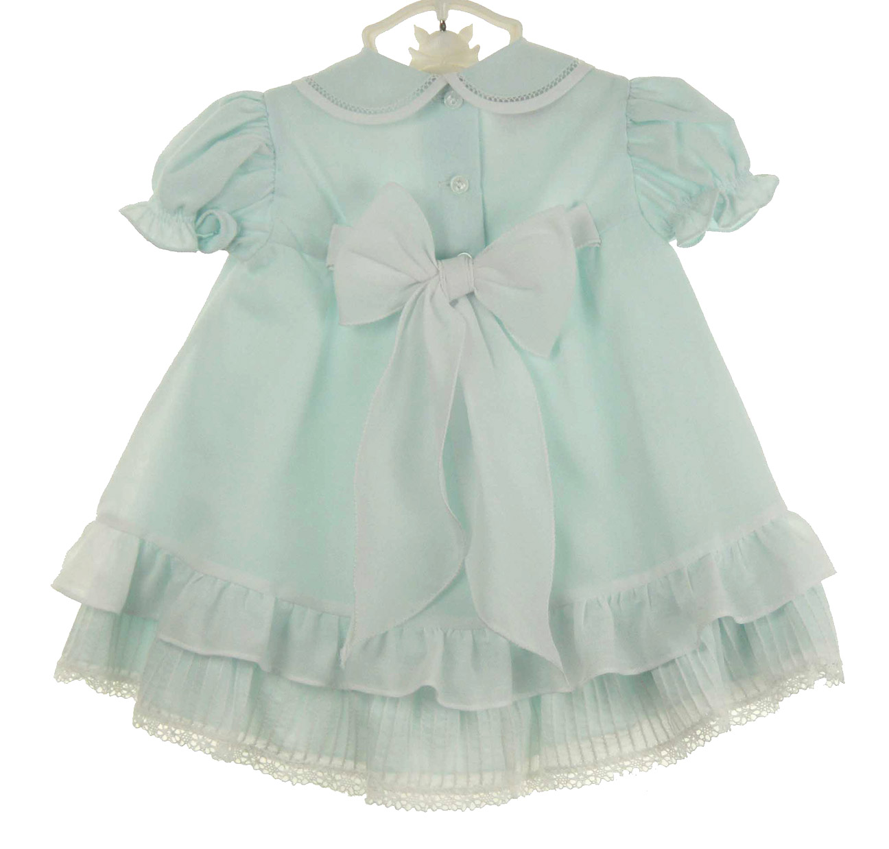 Will'Beth pale green baby girls dress with lace and seed pearls,pale