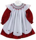 NEW Will'Beth Red Pinwale Dress and White Smocked Pinafore with Scalloped Hem