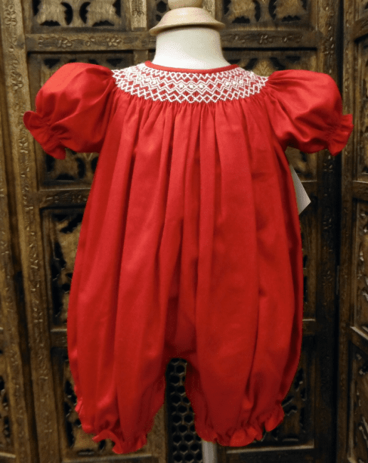 Will'Beth red smocked bubble,red smocked baby bubble,red smocked baby