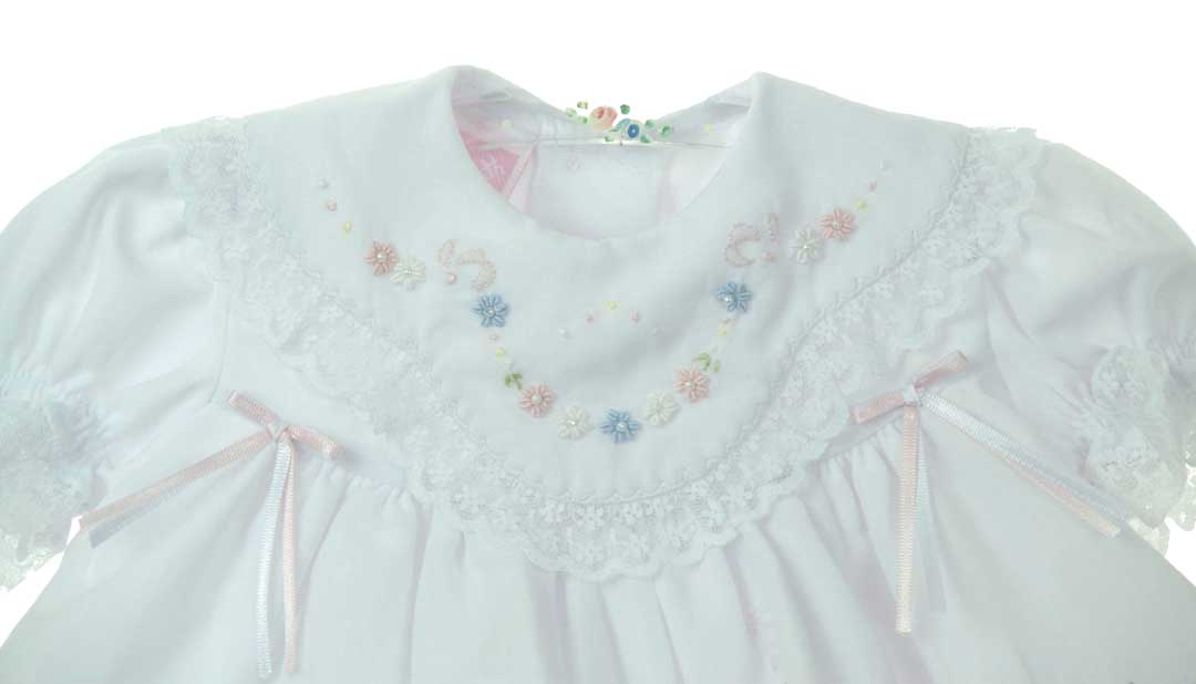 NEW Will'Beth White Baby Dress with Lace, Ribbons, Pastel Embroidery