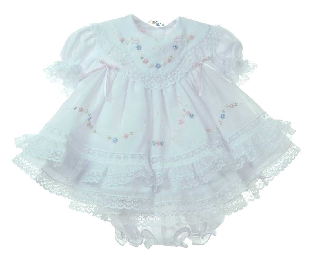 NEW Will'Beth White Baby Dress with Lace, Ribbons, Pastel Embroidery